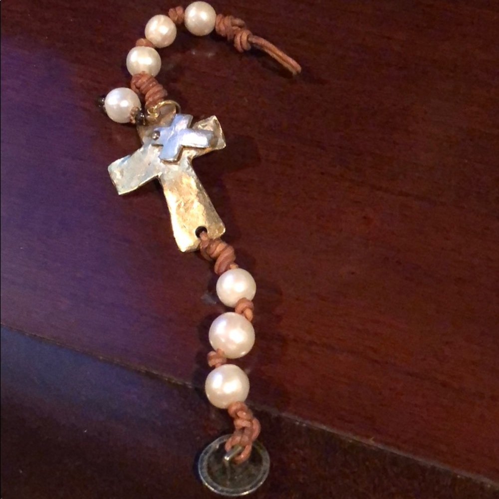Brass, leather & pearl cross bracelet